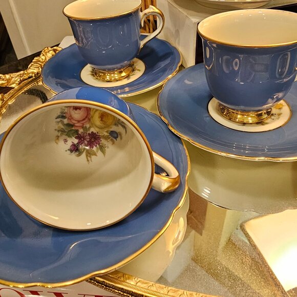 Set 6 Vintage KPM Royal Ivory Floral Turquoise Blue Demitasse Saucer 6 Pc - Picture 11 of 12